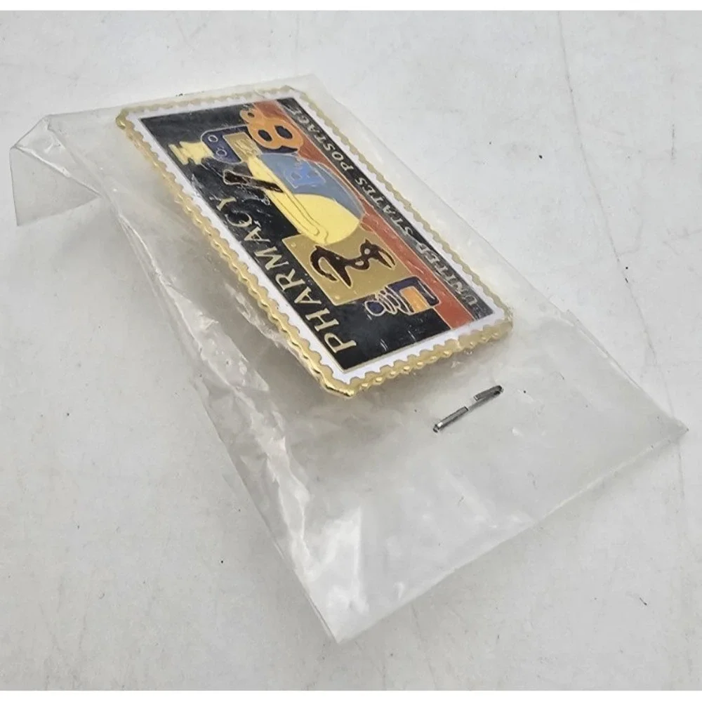 Allen & Hanburys Pharmacy United States Postage Stamp Enamel Lapel Pin Vintage